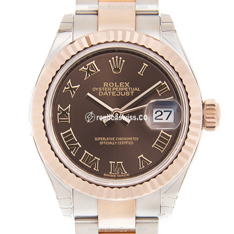 Elegant Rolex Lady Datejust Replica in 18kt Steel & Brown Dial, Automatic Movement Watch