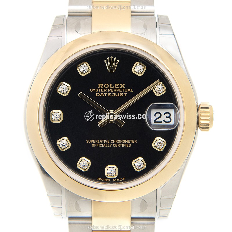Elegant Rolex Lady Datejust Replica in 18kt Steel & Gold, Automatic Movement & Black Dial Watch