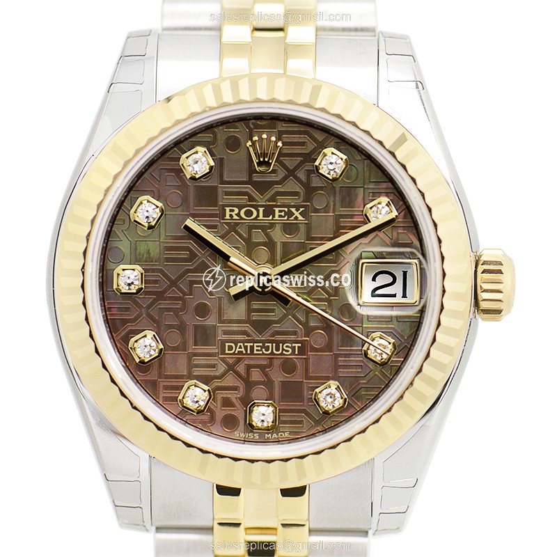 Elegant Rolex Lady Datejust Replica in 18kt Steel & Gold, Automatic Movement & Black Dial Watch