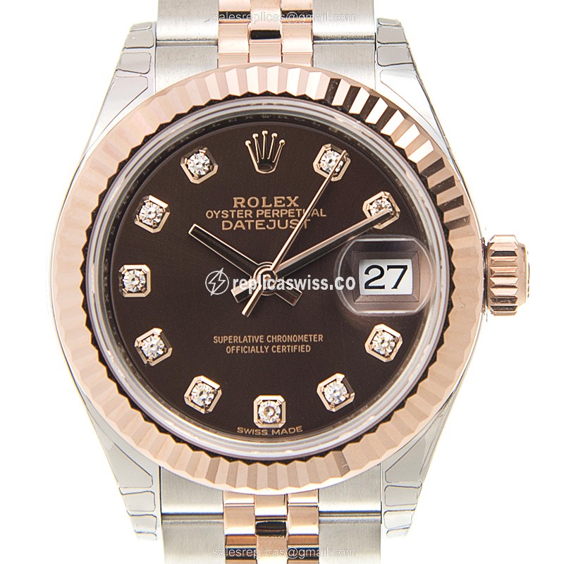 Elegant Rolex Lady Datejust Replica in 18kt Steel & Gold, Automatic Movement Brown Dial Watch