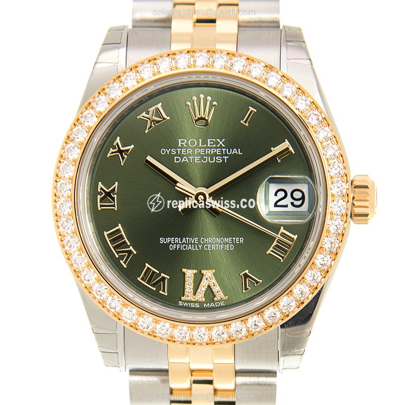 Elegant Rolex Lady Datejust Replica in 18kt Steel & Gold, Automatic Movement & Green Dial Watch