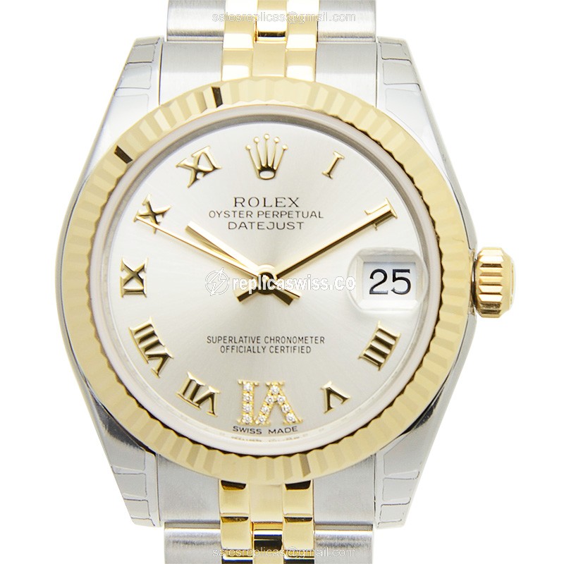Elegant Rolex Lady Datejust Replica in 18kt Steel & Gold with Automatic Movement Silver Dial