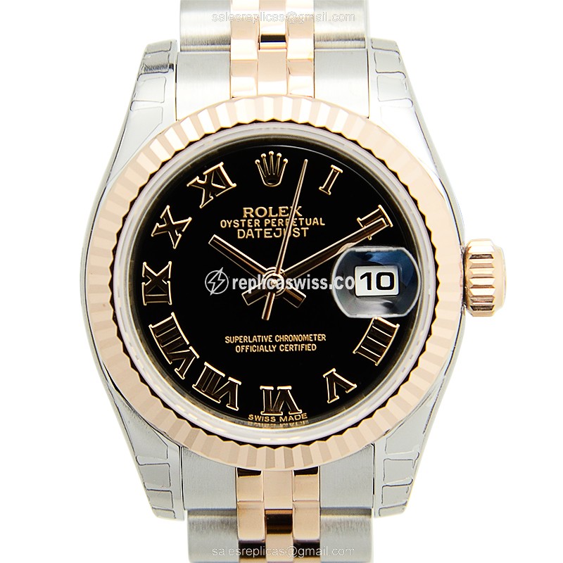 Elegant Rolex Lady Datejust Replica in 18kt Steel & Rose Gold, Automatic Movement Black Dial