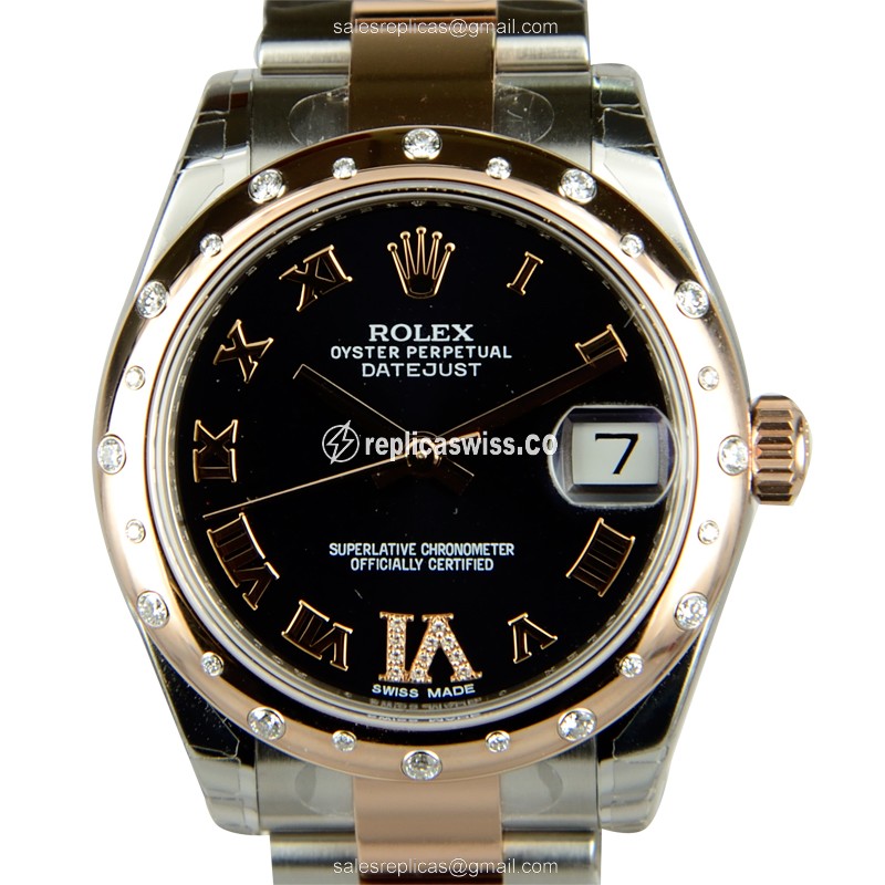 Elegant Rolex Lady Datejust Replica in 18kt Steel & Rose Gold, Automatic Movement, Black Dial Watch