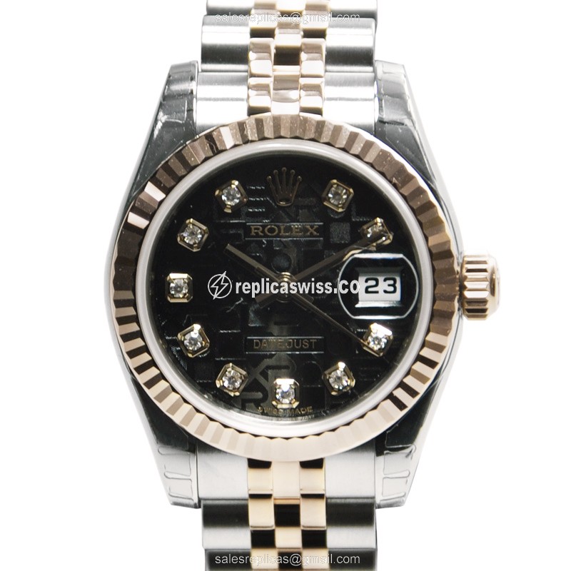 Elegant Rolex Lady Datejust Replica in 18kt Steel & Rose Gold, Automatic Movement & Black Dial Watch