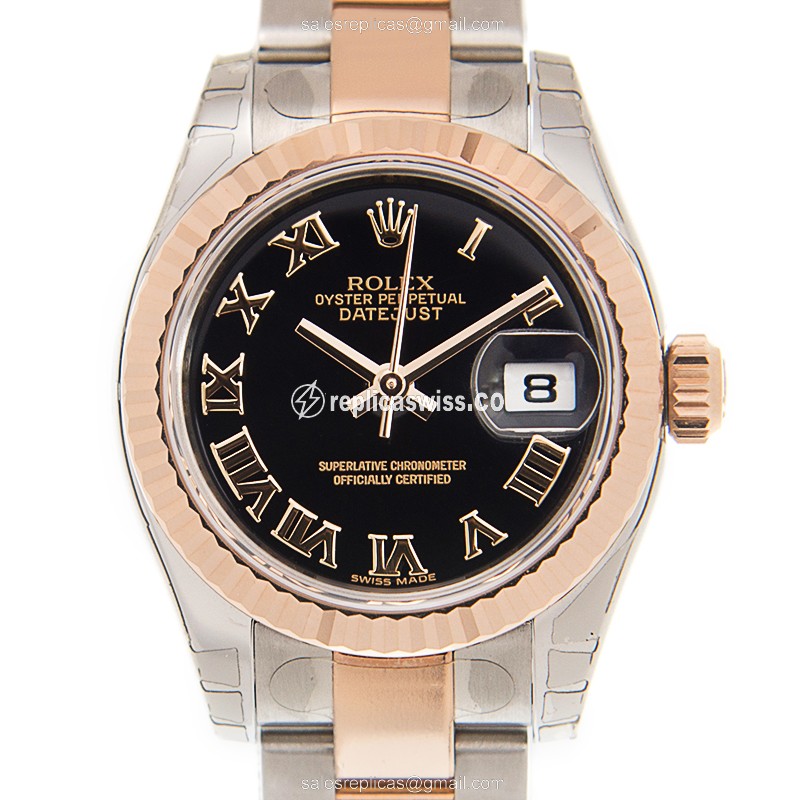 Elegant Rolex Lady Datejust Replica in 18kt Steel & Rose Gold, Automatic Movement & Black Dial Watch