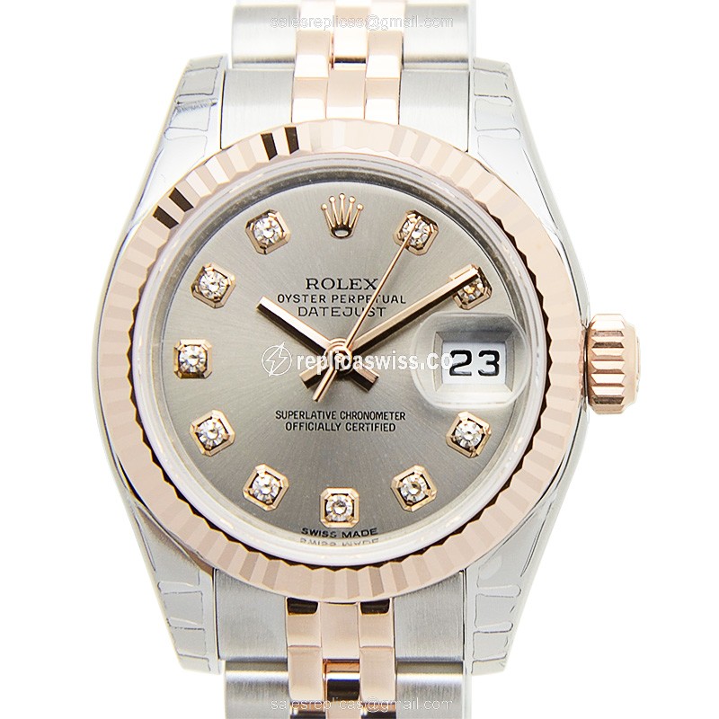 Elegant Rolex Lady Datejust Replica in 18kt Steel & Rose Gold, Automatic Movement & Gray Dial Watch