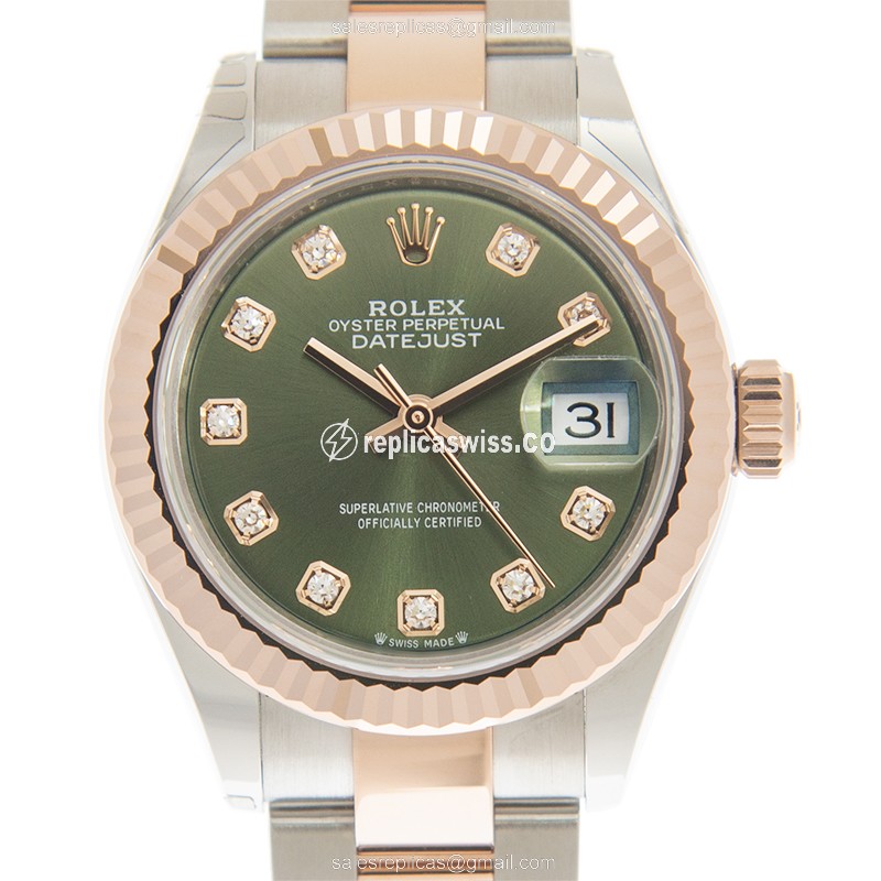 Elegant Rolex Lady Datejust Replica in 18kt Steel & Rose Gold, Automatic Movement Green Dial