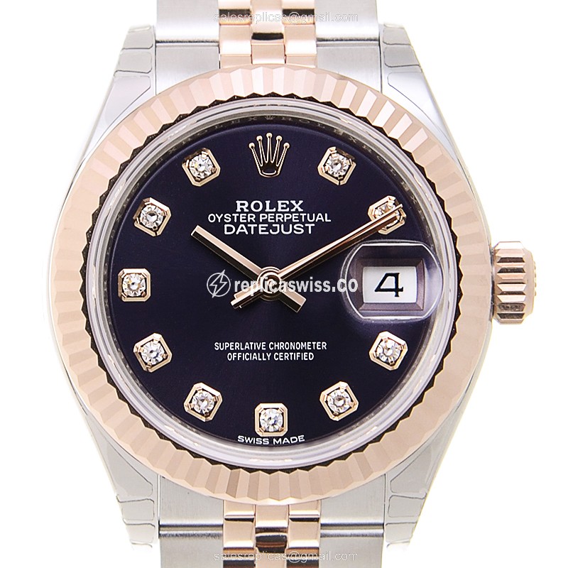 Elegant Rolex Lady Datejust Replica in 18kt Steel & Rose Gold, Automatic Movement & Purple Dial