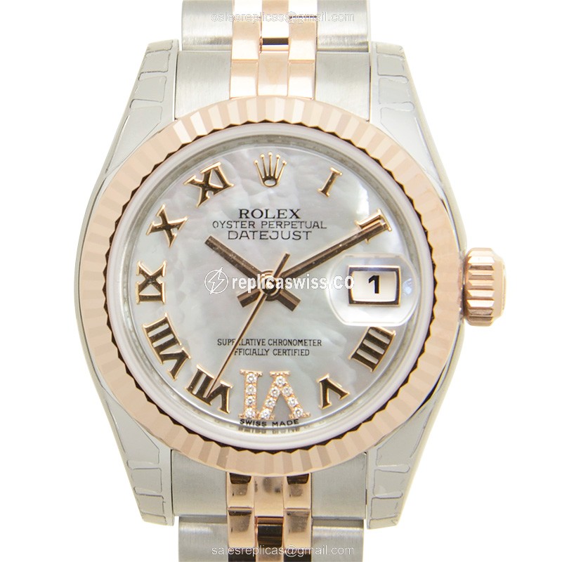 Elegant Rolex Lady Datejust Replica in 18kt Steel & Rose Gold, Automatic Movement & Silver Dial