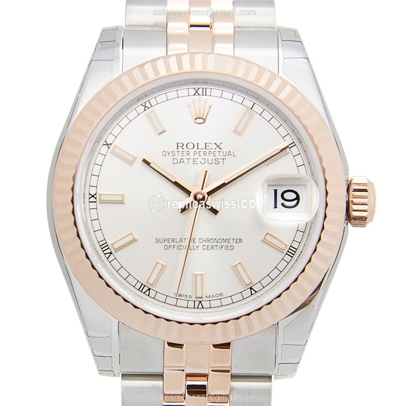 Elegant Rolex Lady Datejust Replica in 18kt Steel & Rose Gold, Automatic Movement & Silver Dial