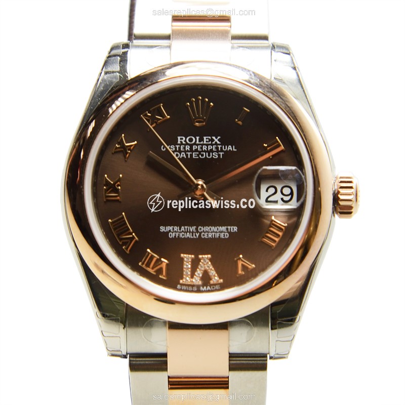 Elegant Rolex Lady Datejust Replica in 18kt Steel & Rose Gold, Automatic Movement & Silver Strap