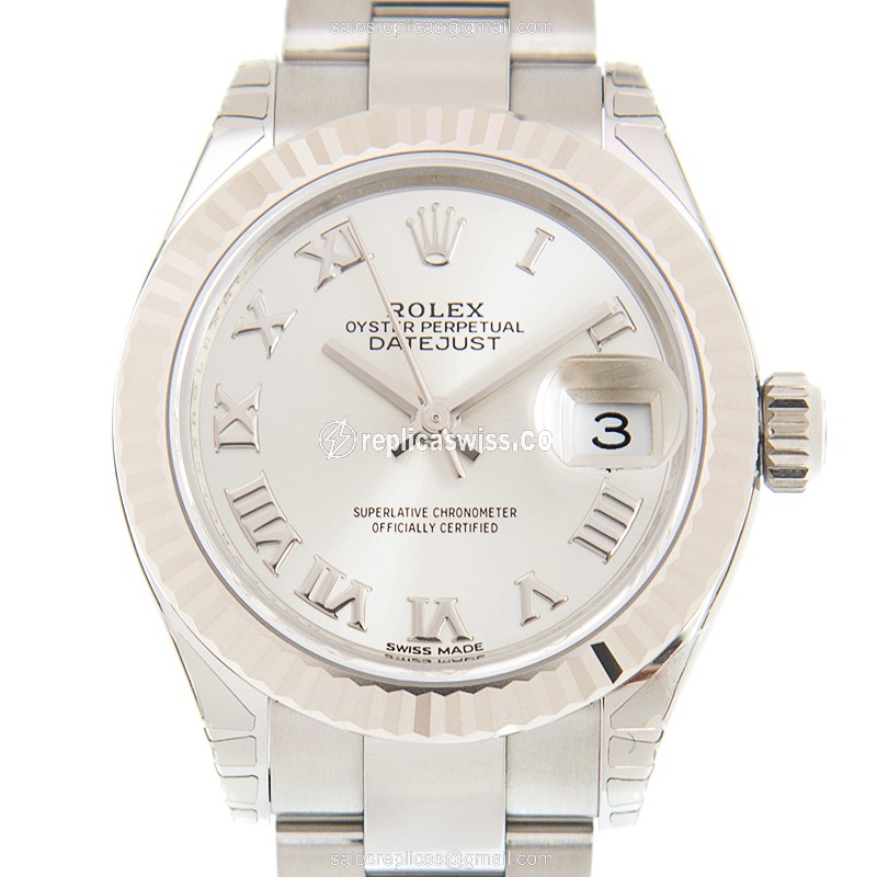 Elegant Rolex Lady Datejust Replica in 18kt Steel & Silver, Automatic Movement & Crystal Case Watch