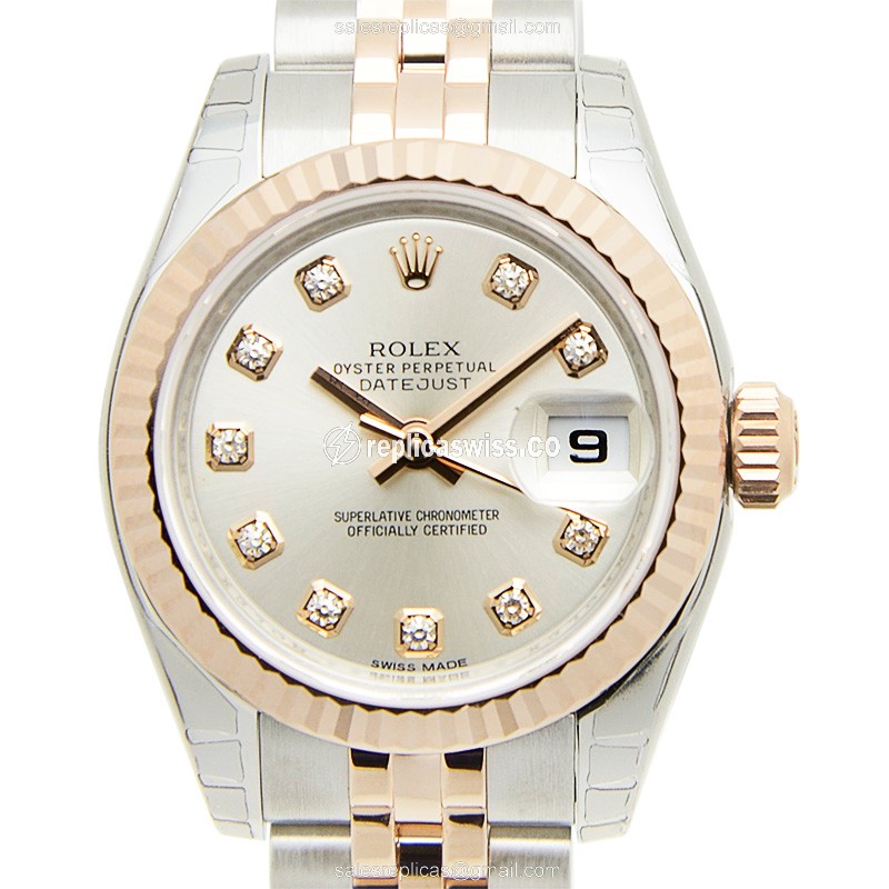 Elegant Rolex Lady Datejust Replica in 18kt Steel & Silver, Automatic Movement Watch