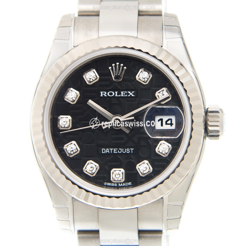 Elegant Rolex Lady Datejust Replica in 18kt Steel & White Gold, Automatic Movement, Black Dial Watch
