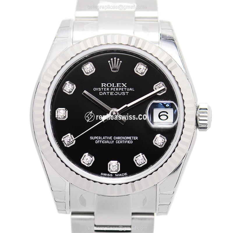Elegant Rolex Lady Datejust Replica in 18kt White Gold, Automatic Movement, Black Dial & Silver