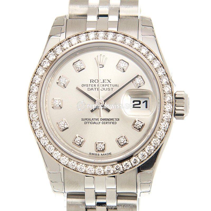 Elegant Rolex Lady Datejust Replica in 18kt White Gold, Automatic Movement, Silver Dial &