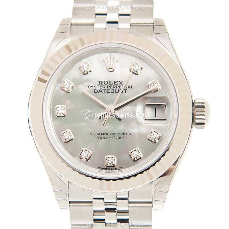 Elegant Rolex Lady Datejust Replica in 18kt White Gold, Automatic Movement, Silver Steel Bracelet