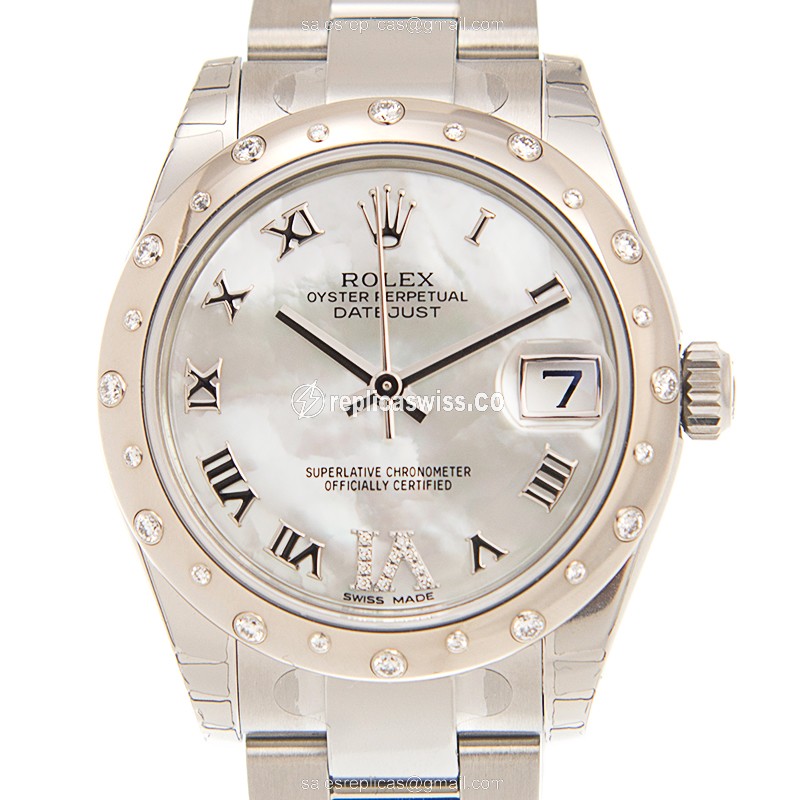 Elegant Rolex Lady Datejust Replica in 18kt White Gold, Automatic Movement, Silver Steel Strap