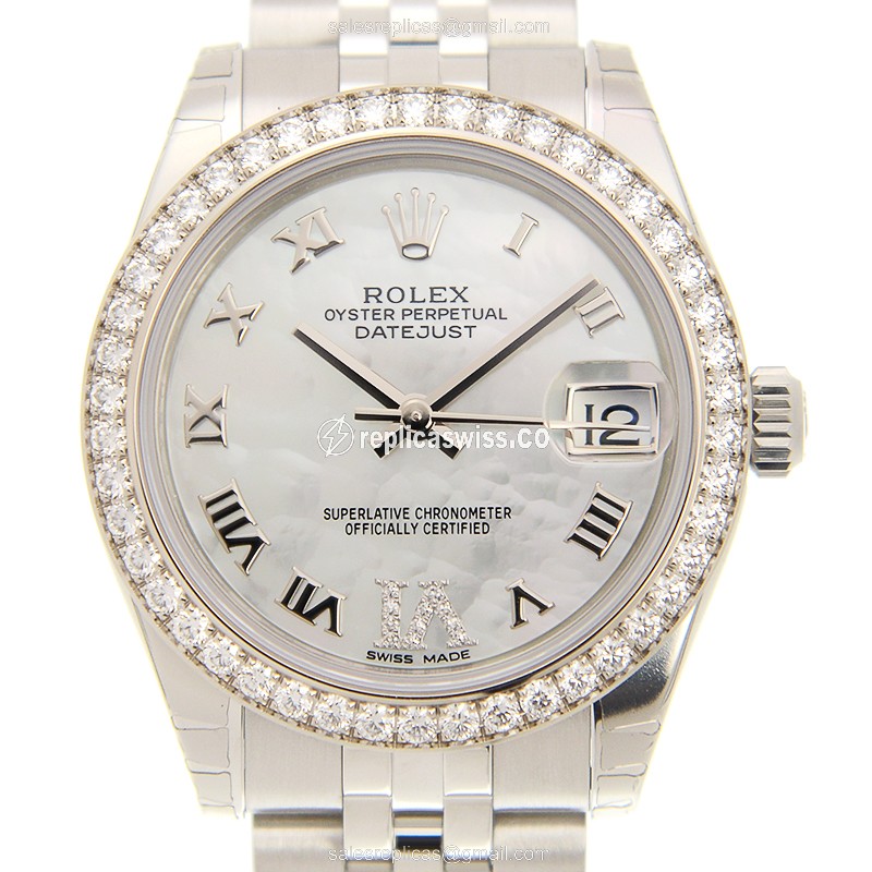 Elegant Rolex Lady Datejust Replica in 18kt White Gold, Automatic Movement, Silver Steel Strap