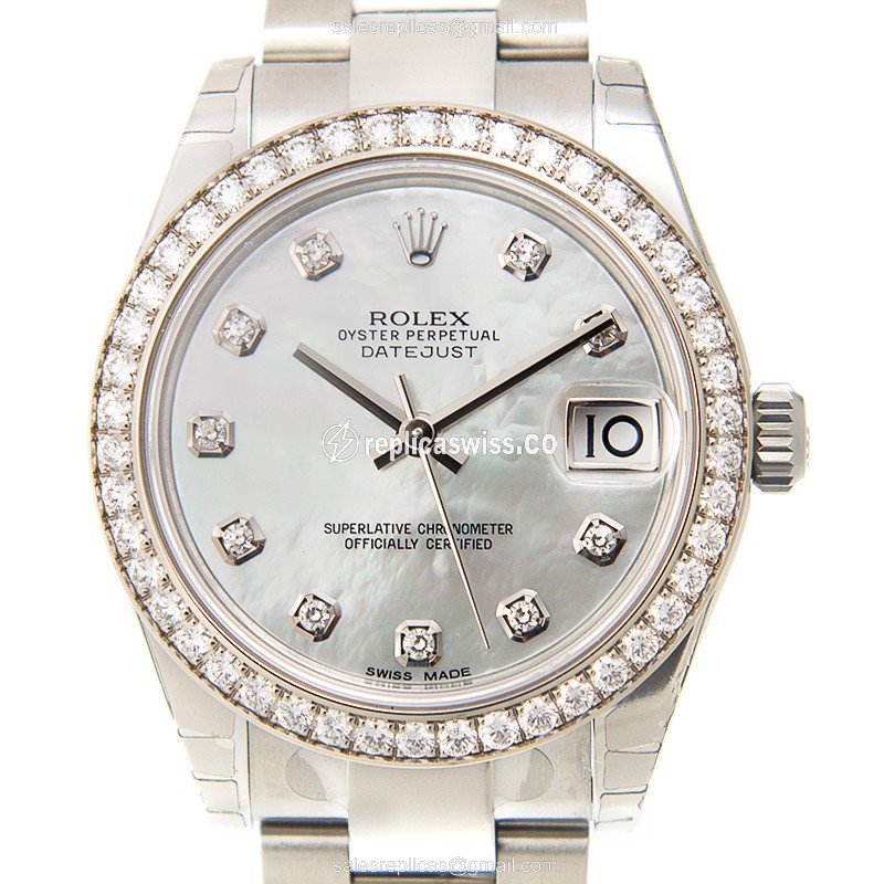 Elegant Rolex Lady Datejust Replica in 18kt White Gold & Diamond, Automatic Movement & Silver Steel