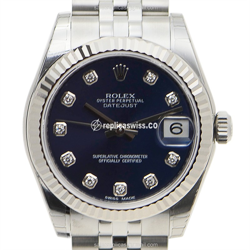 Elegant Rolex Lady Datejust Replica in 18kt White Gold & Silver Steel, Automatic Movement & Blue