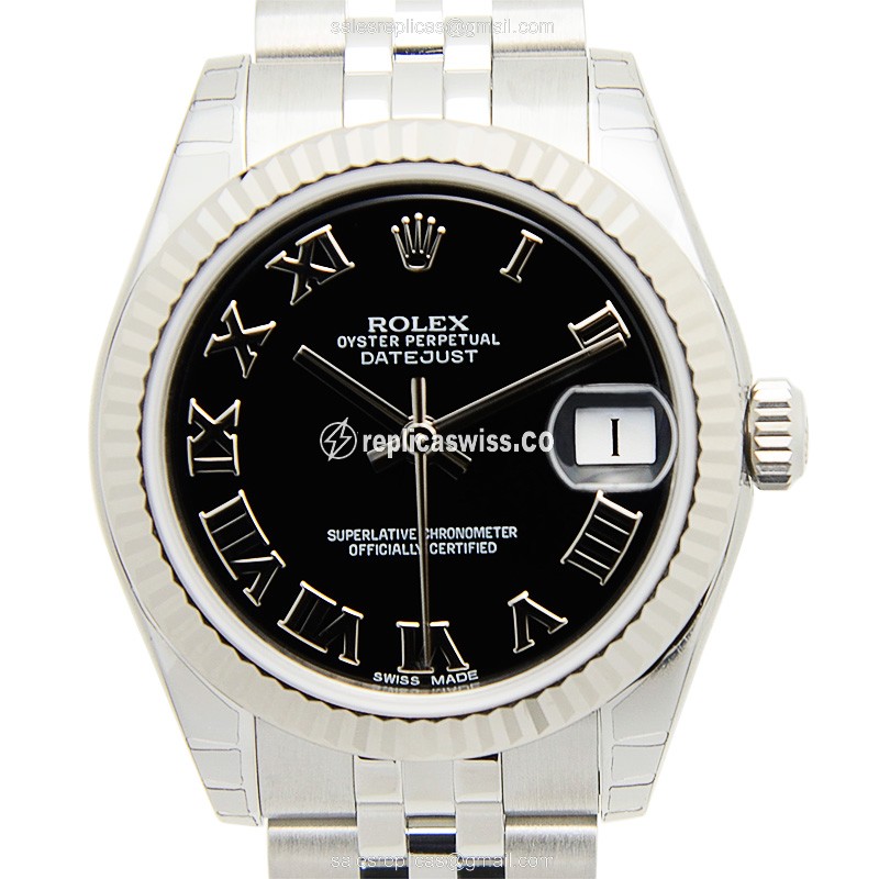 Elegant Rolex Lady Datejust Replica in 18kt White Gold & Steel, Automatic Movement & Black Dial
