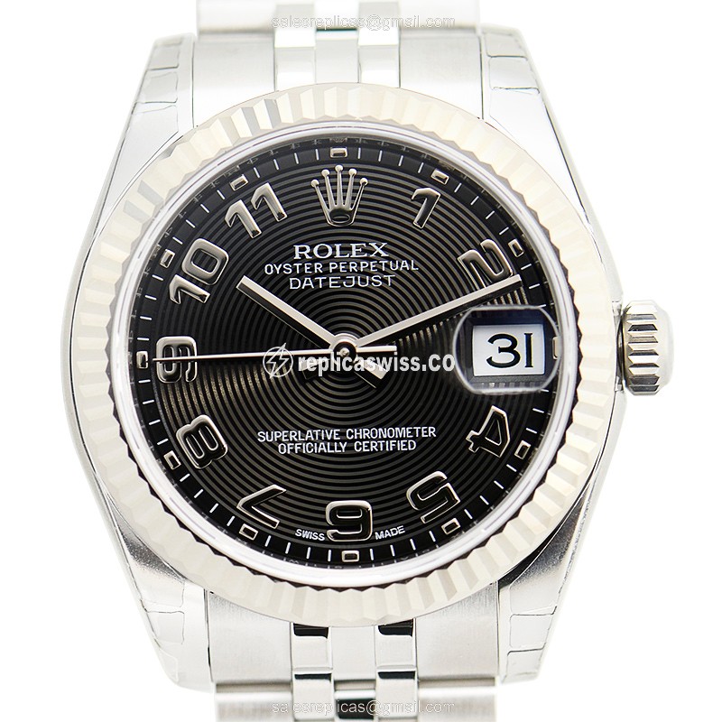 Elegant Rolex Lady Datejust Replica in 18kt White Gold & Steel, Automatic Movement & Black Dial