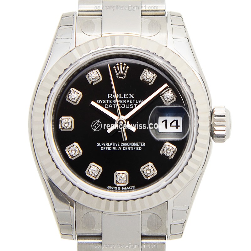 Elegant Rolex Lady Datejust Replica in 18kt White Gold & Steel, Automatic Movement, Black Dial Watch
