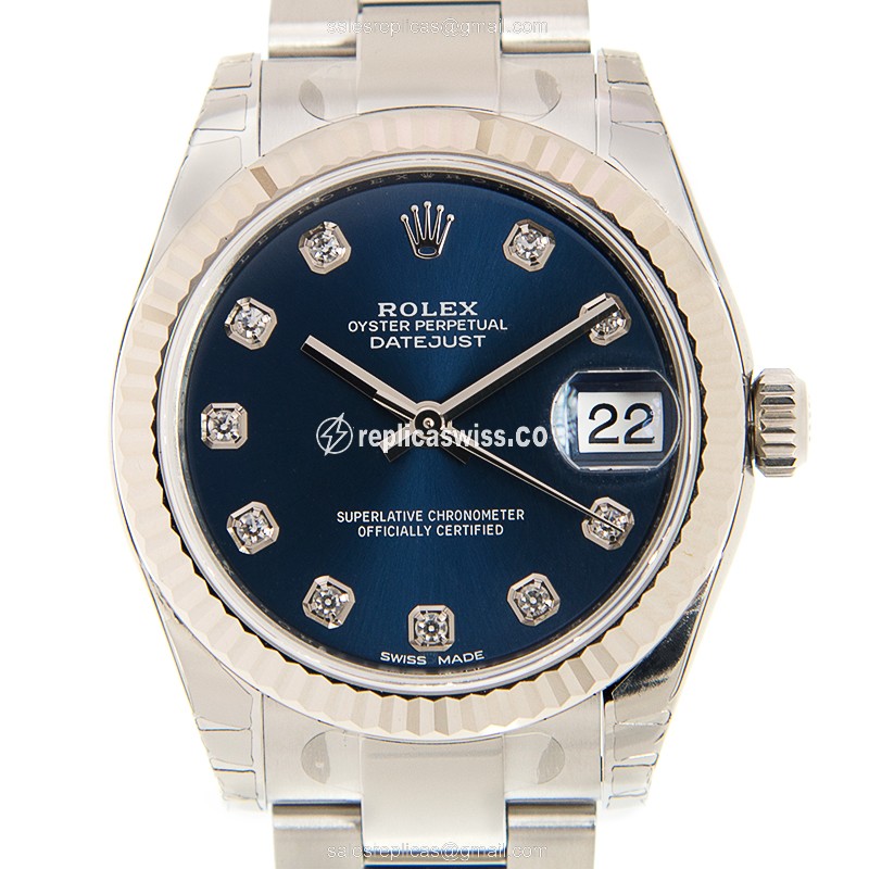 Elegant Rolex Lady Datejust Replica in 18kt White Gold & Steel, Automatic Movement Blue Dial