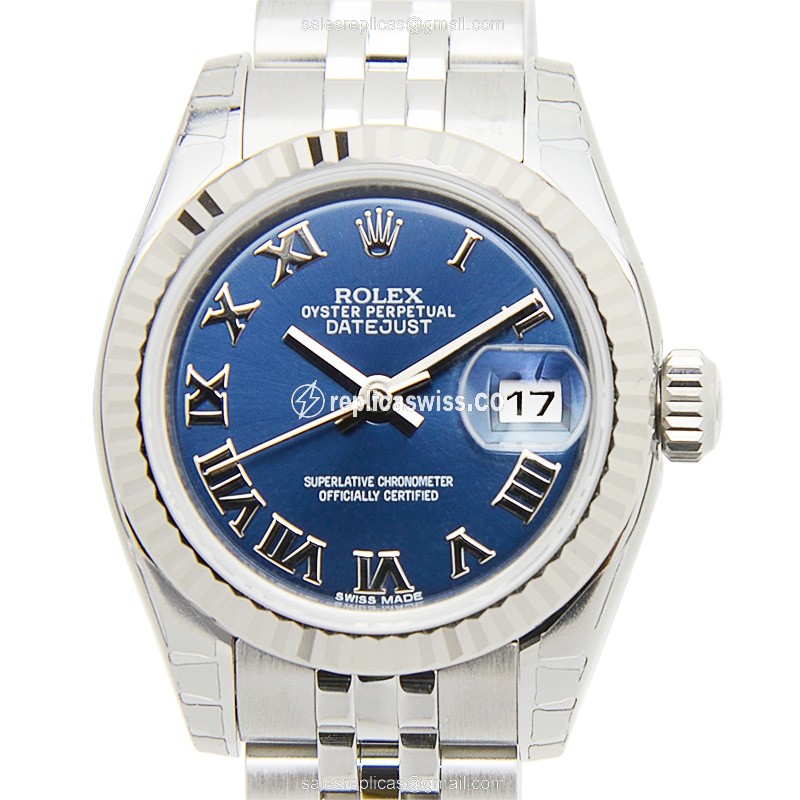 Elegant Rolex Lady Datejust Replica in 18kt White Gold & Steel, Automatic Movement & Blue Dial Watch
