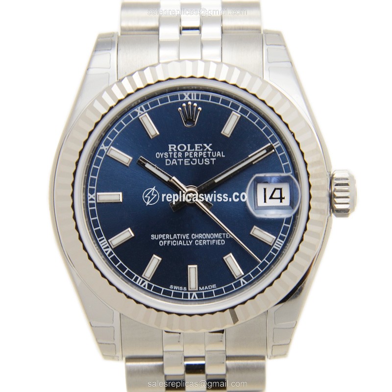 Elegant Rolex Lady Datejust Replica in 18kt White Gold & Steel, Automatic Movement & Blue Dial Watch