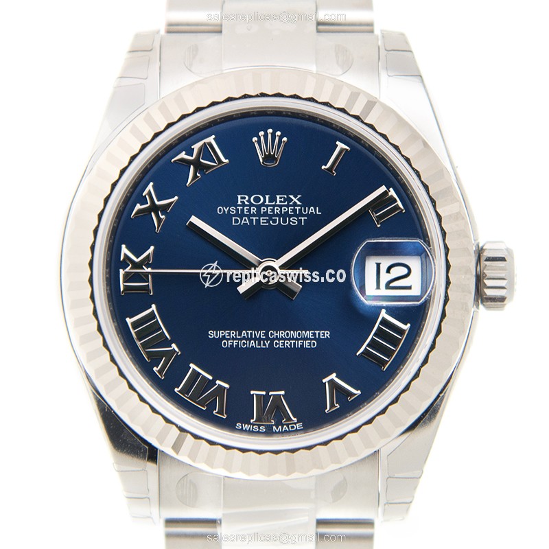 Elegant Rolex Lady Datejust Replica in 18kt White Gold & Steel, Automatic Movement & Blue Dial Watch