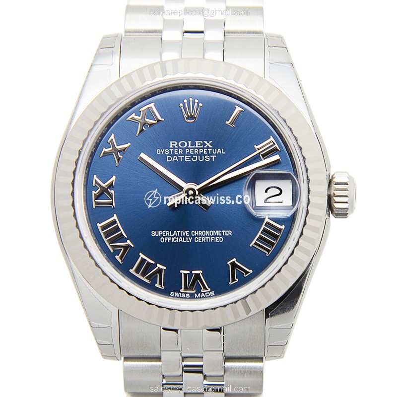 Elegant Rolex Lady Datejust Replica in 18kt White Gold & Steel, Automatic Movement & Blue Dial Watch