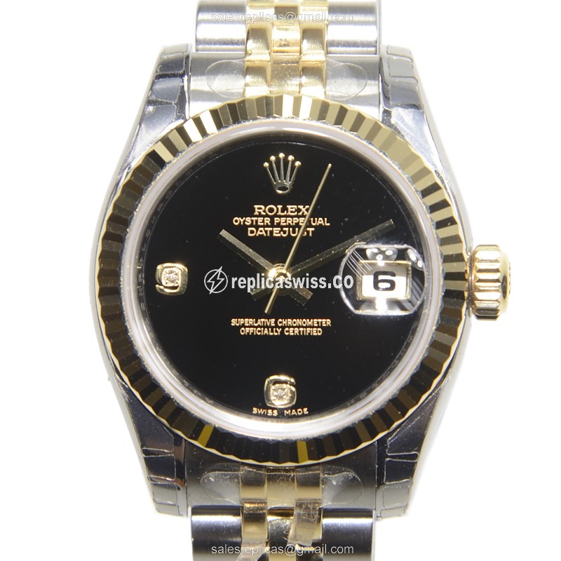 Elegant Rolex Lady Datejust Replica in Automatic Movement & Black Dial, Silver Strap Watch