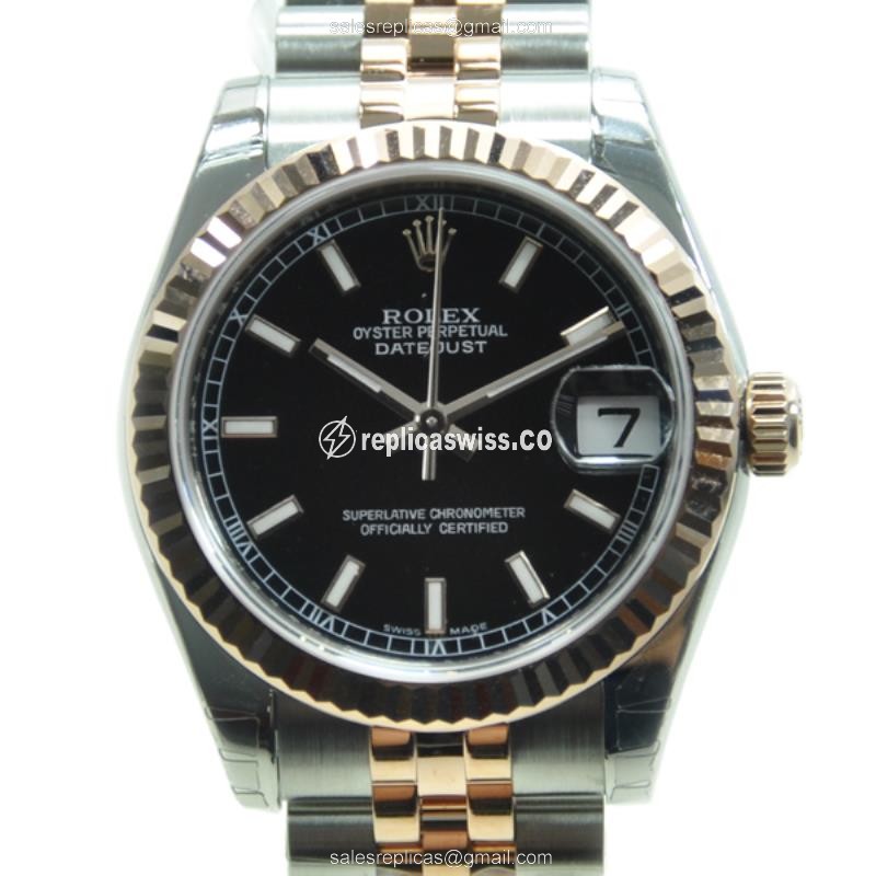 Elegant Rolex Lady Datejust Replica in Black Dial & 18kt Steel Case, Automatic Movement Watch