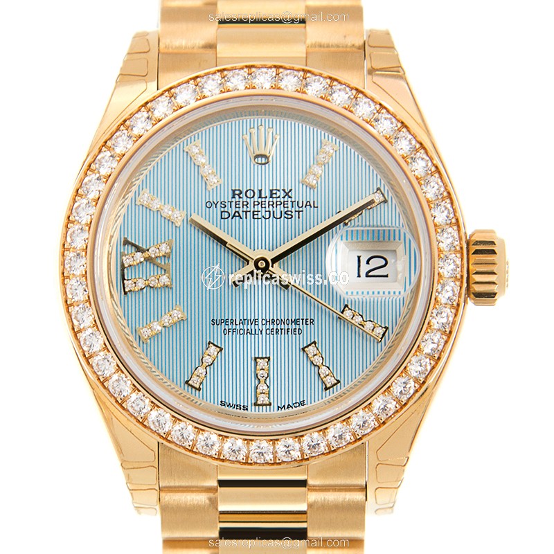 Elegant Rolex Lady Datejust Replica in Blue Dial & 18kt Gold, Automatic Movement Watch