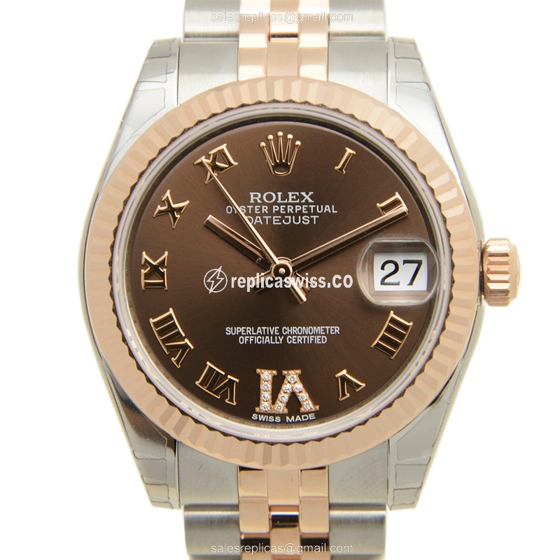 Elegant Rolex Lady Datejust Replica in Brown Dial, 18kt Steel Case & Automatic Movement Watch