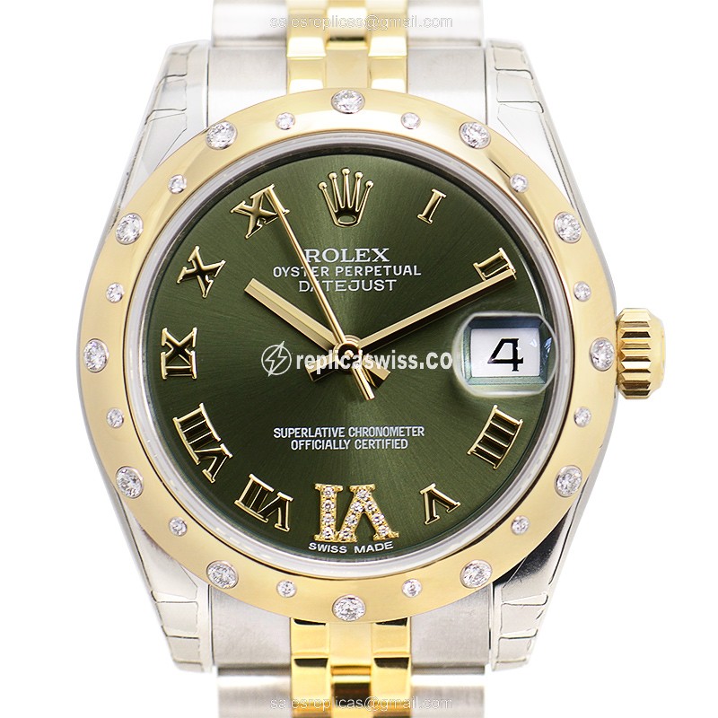 Elegant Rolex Lady Datejust Replica in Green Dial, Automatic Movement, 18kt Steel Case & Strap Watch