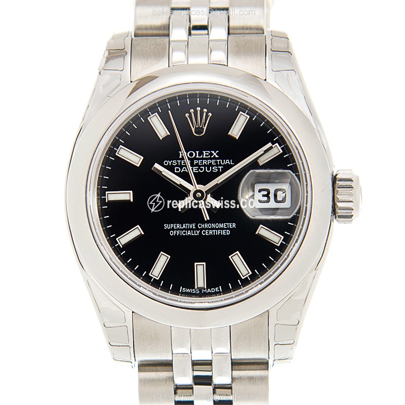 Elegant Rolex Lady Datejust Replica in Stainless Steel Case & Black Dial, Automatic Movement Watch