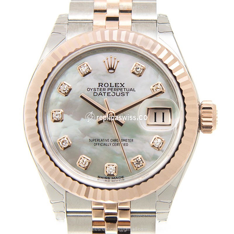 Elegant Rolex Lady Datejust Replica in White Dial & 18kt Steel Case, Automatic Movement Watch