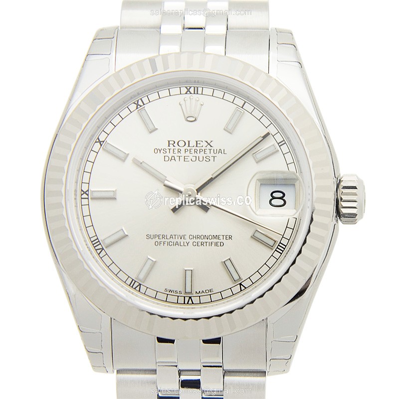 Elegant Silver Dial Rolex Lady Datejust Replica in 18kt White Gold & Automatic Movement Watch