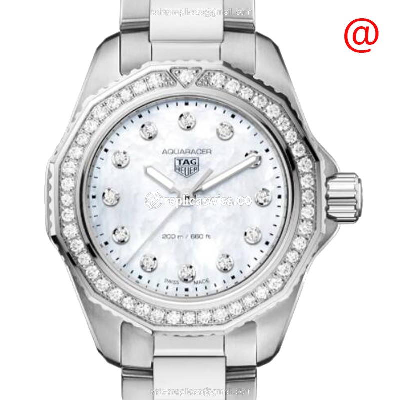 Elegant Tag Heuer AQUARACER Quartz Replica in Stainless Steel, White Dial & Diamond Bezels Watch