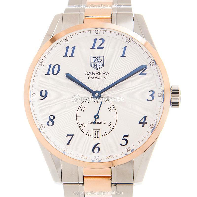 Elegant Tag Heuer Carrera Replica in 18kt Steel & Rose Gold, Automatic Movement & White Dial Watch