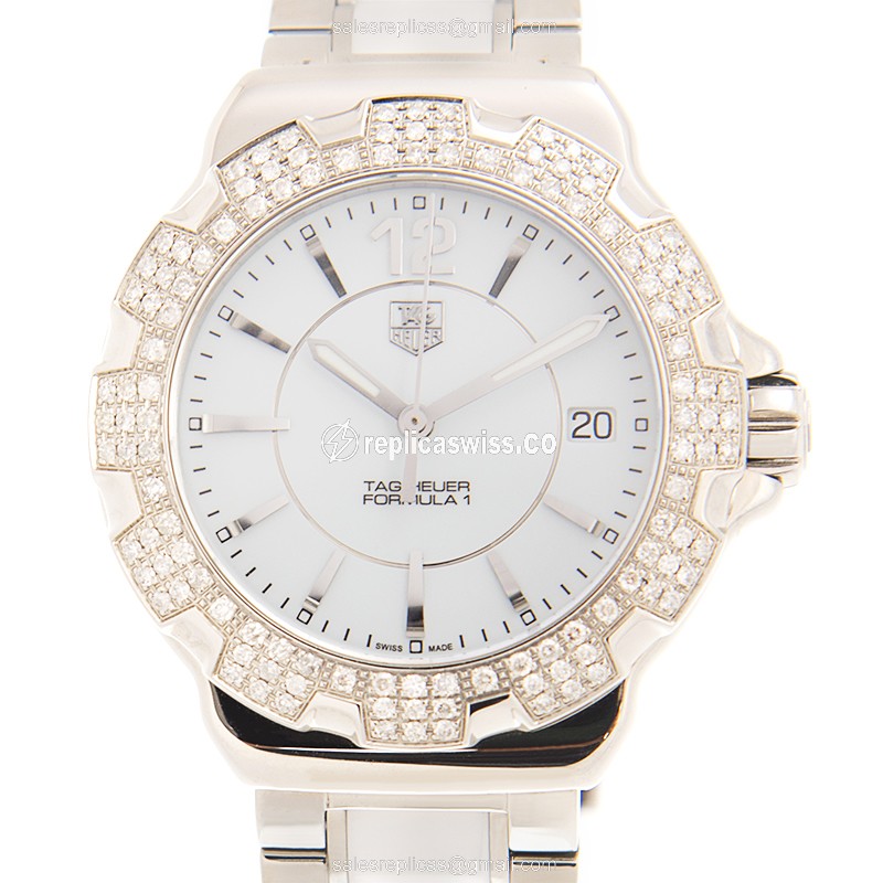 Elegant Tag Heuer F1 Quartz Replica in White Dial & Stainless Steel Case with Diamond Accents Watch