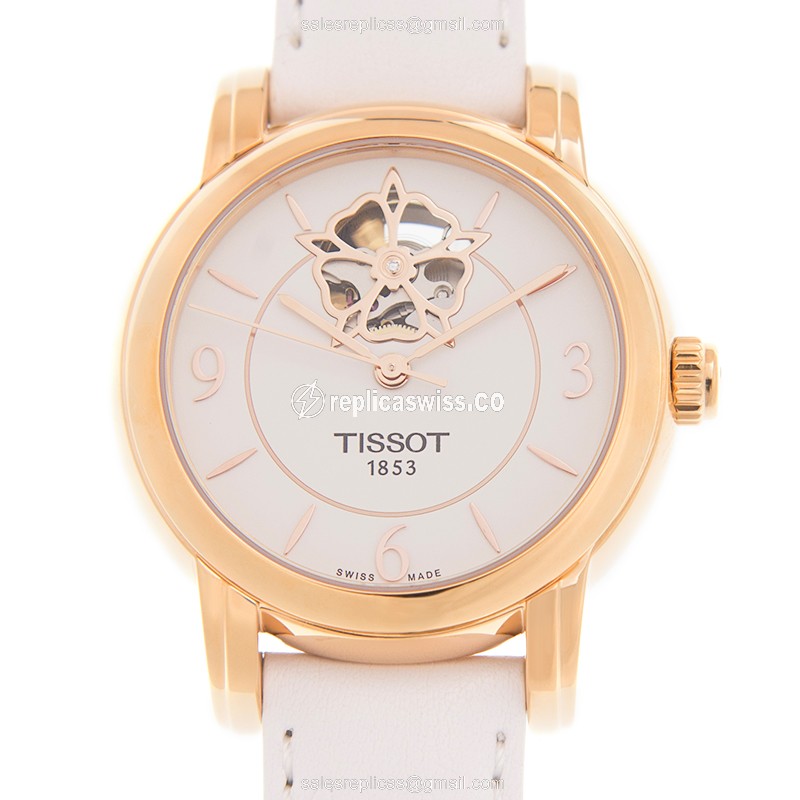 Elegant Tissot Lady Heart Replica Watch | Automatic Movement | 18kt Rose Gold Case & White Leather