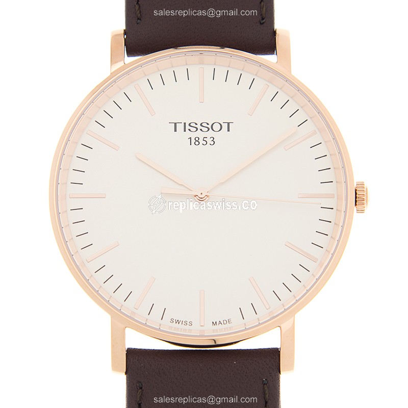 Elegant Tissot T-CLASSIC Replica in 18kt Rose Gold, White Dial, Leather Strap Watch