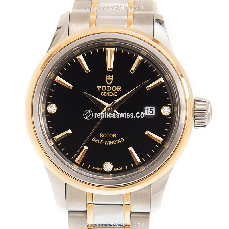 Elegant Tudor 12103-65013-369DI-BK Automatic Replica in 18kt Gold Steel, Black Dial & Sapphire
