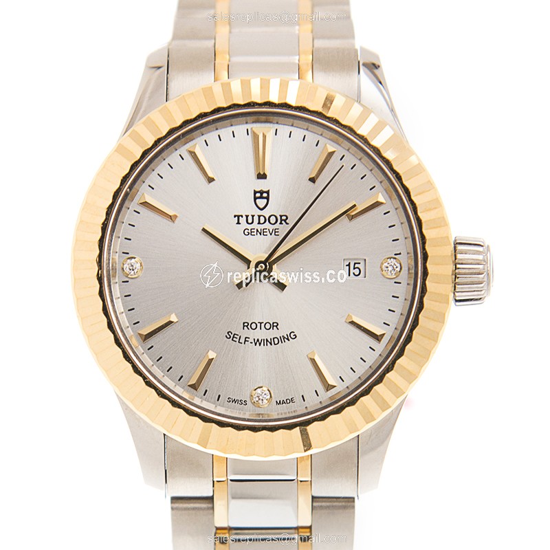 Elegant Tudor 12113-65013-369DI-SV Replica with Silver Dial & 18kt Gold & Steel Case Watch