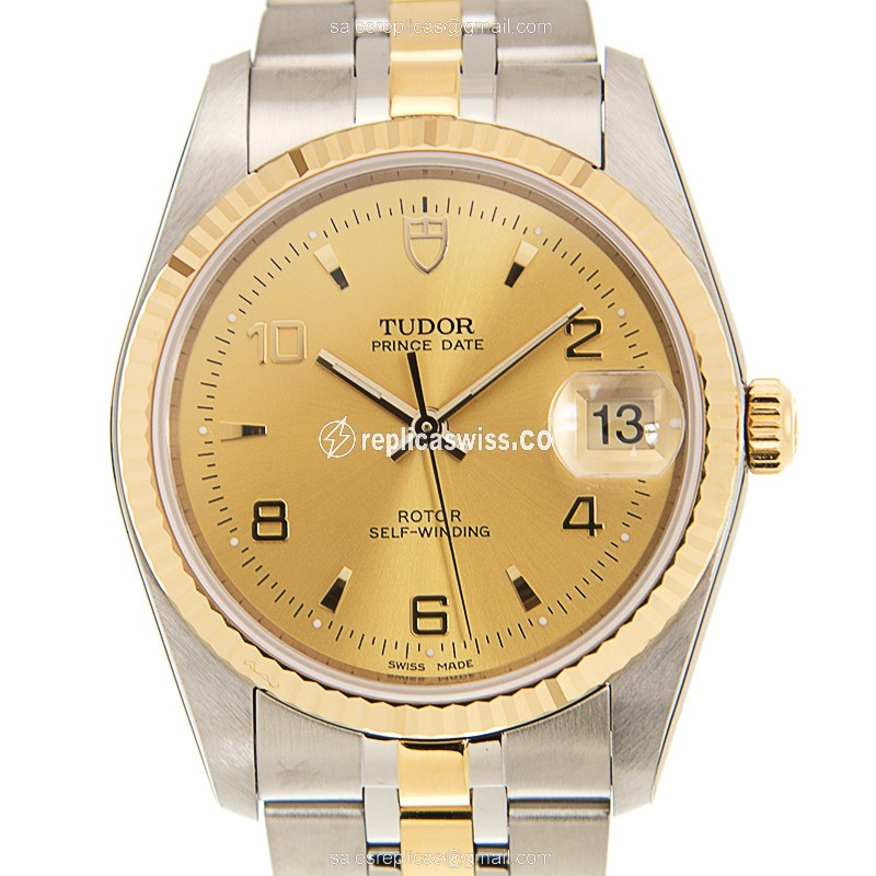 Elegant Tudor 74033-62473AR-CH Automatic Replica, 18kt Gold & Steel Case, Gold Dial Watch